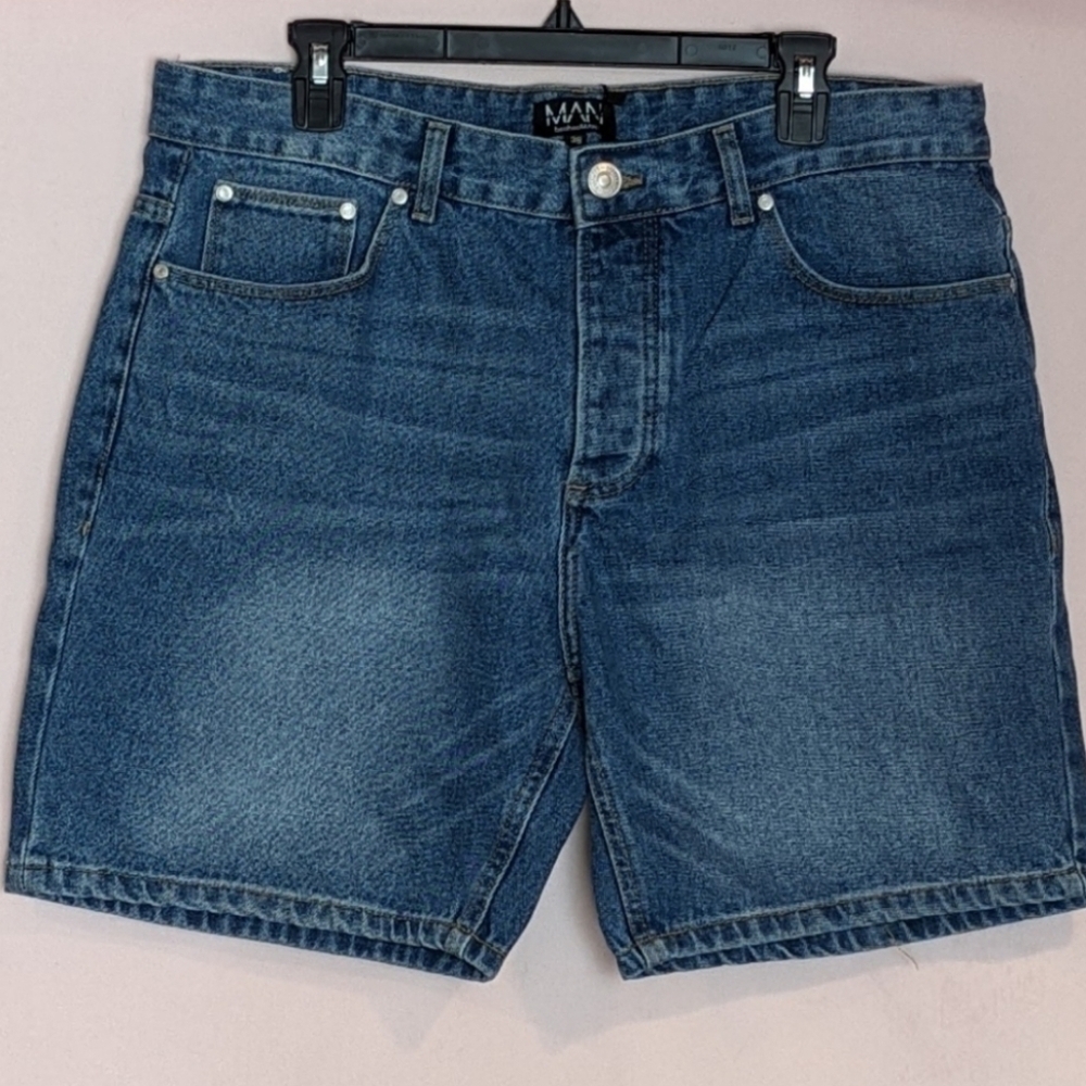 Boohoo Man 100% Cotton Mid Blue Wash Rigid Denim Shorts
